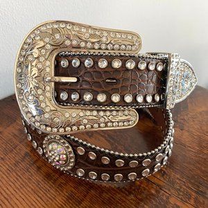 Blazin Roxx Belt Croc Rhinestone Brown Leather S